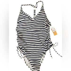 Kona Sol one piece swimsuit NWT navy/white stripe racer back XL